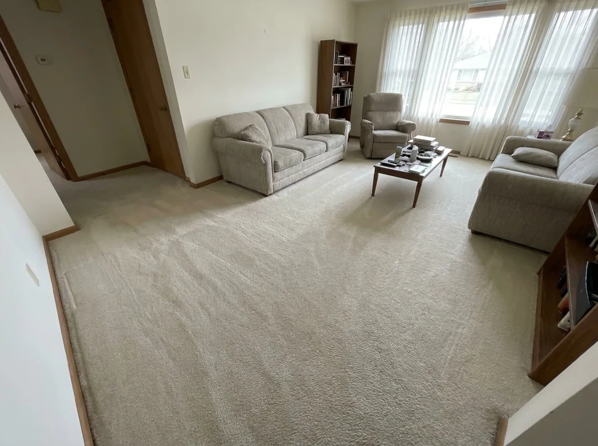 Same living room carpet bright and uniform after deep steam cleaning