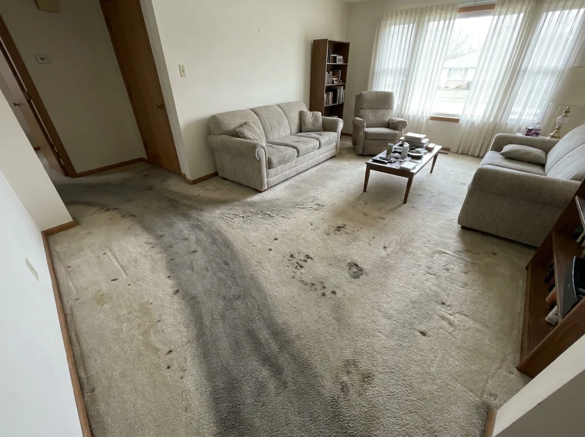 Dingy beige carpet with dark traffic lanes before cleaning