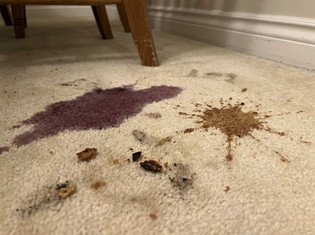Cream carpet with red wine and coffee stains before cleaning