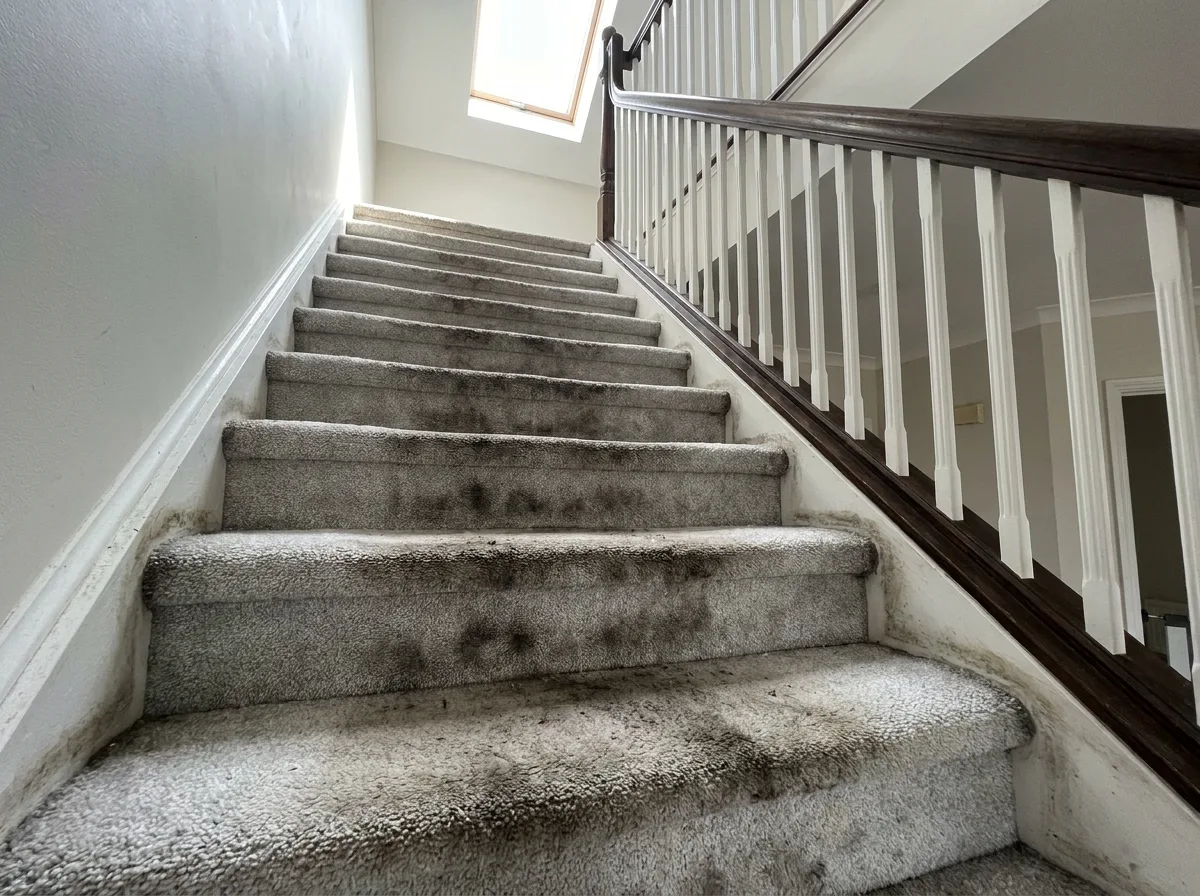 Carpeted stairs with dark worn tread patterns before cleaning