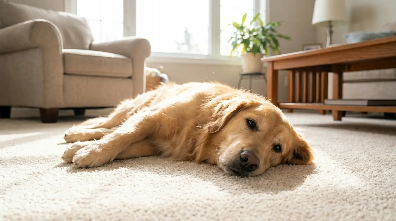 Golden retriever on fresh clean carpet after pet odor removal, Aurora IL