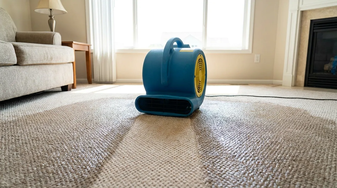 Carpet drying setup with air mover after water damage, Aurora IL